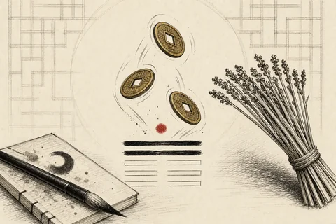 宙を舞う三枚のコイン、書きかけの易経の卦、筮竹の束を描いた手描きペン＆インク調イラスト