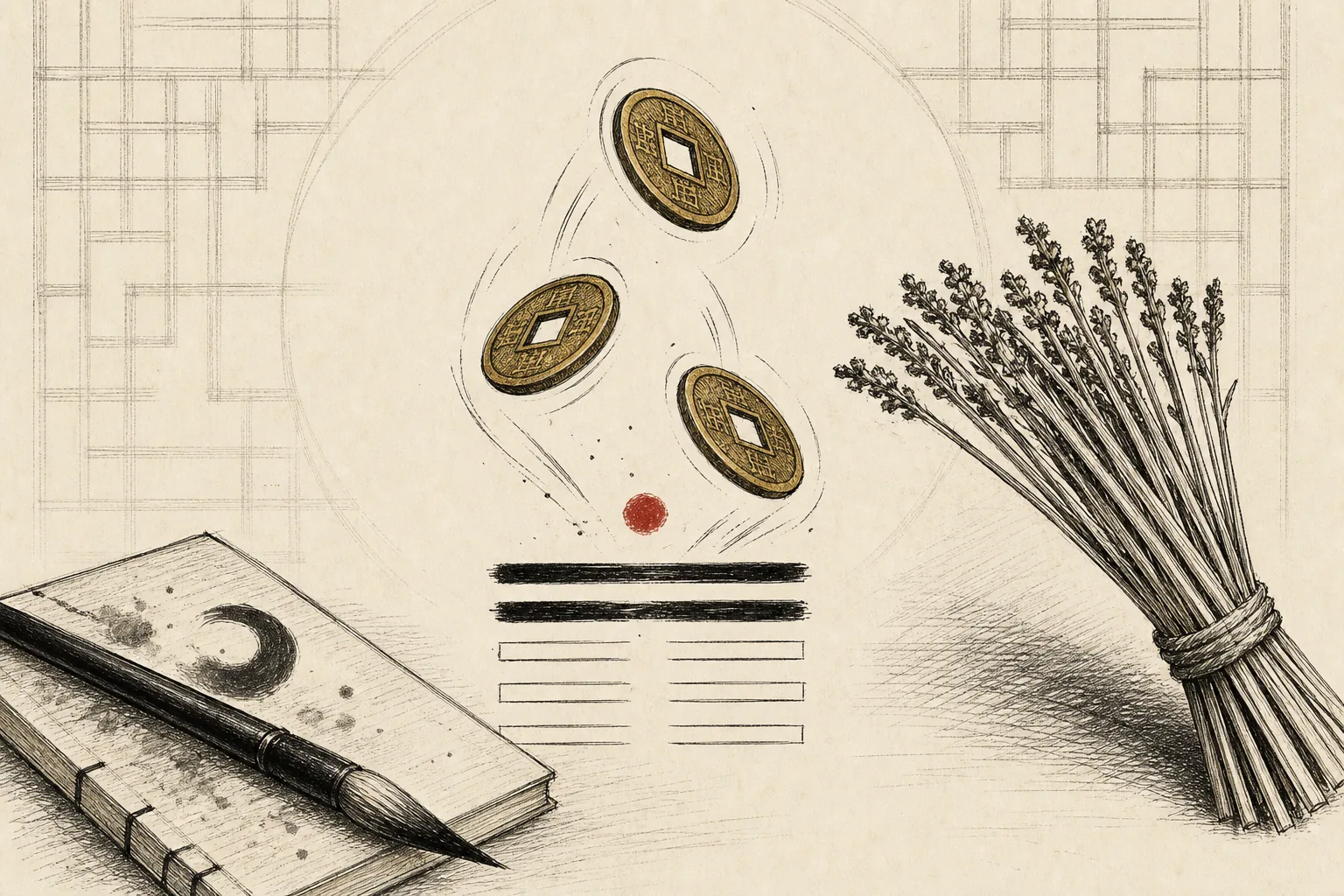 三枚のコイン、書きかけの卦、筮竹を描いた手描きペン＆インク調イラスト