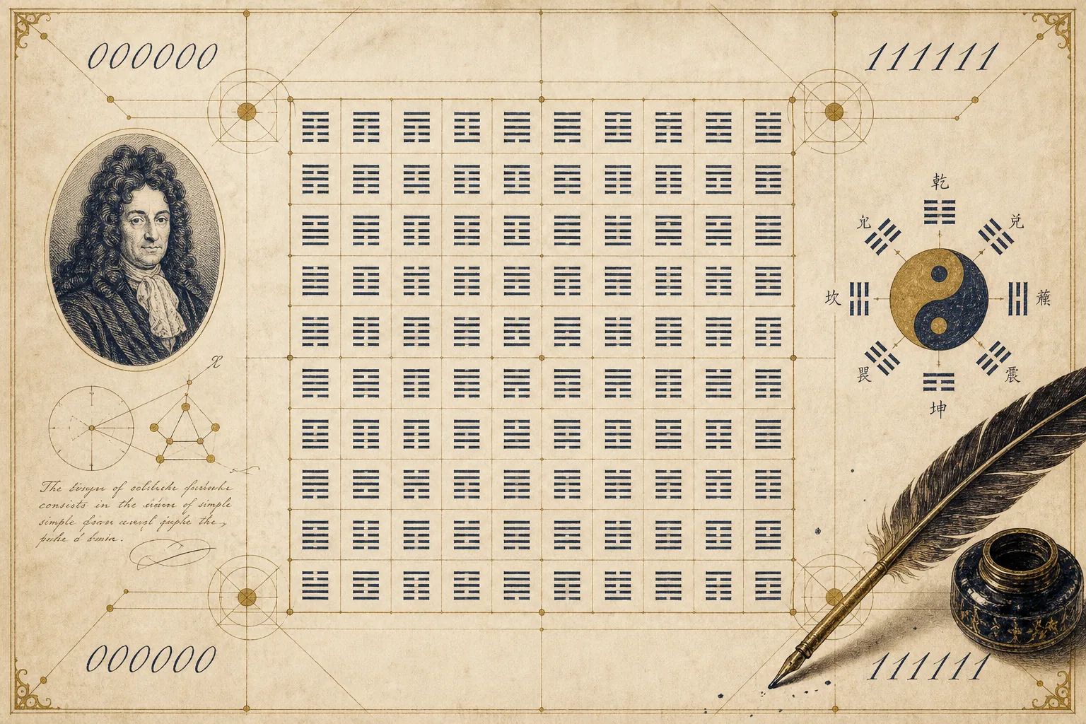 伏羲の8x8 64卦図に二進数の手書きと羽根ペンを重ねた、手描きペン＆インク調イラスト