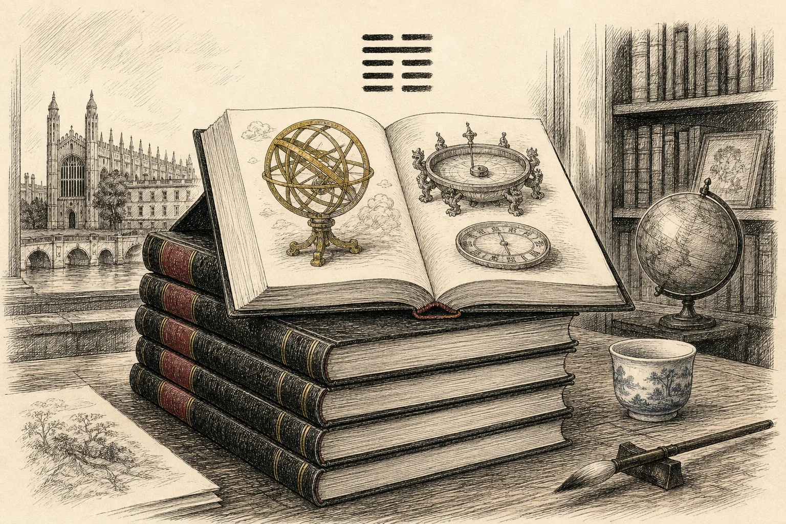 積まれた学術書、渾天儀、中国の科学機器を描いた手描きイラスト