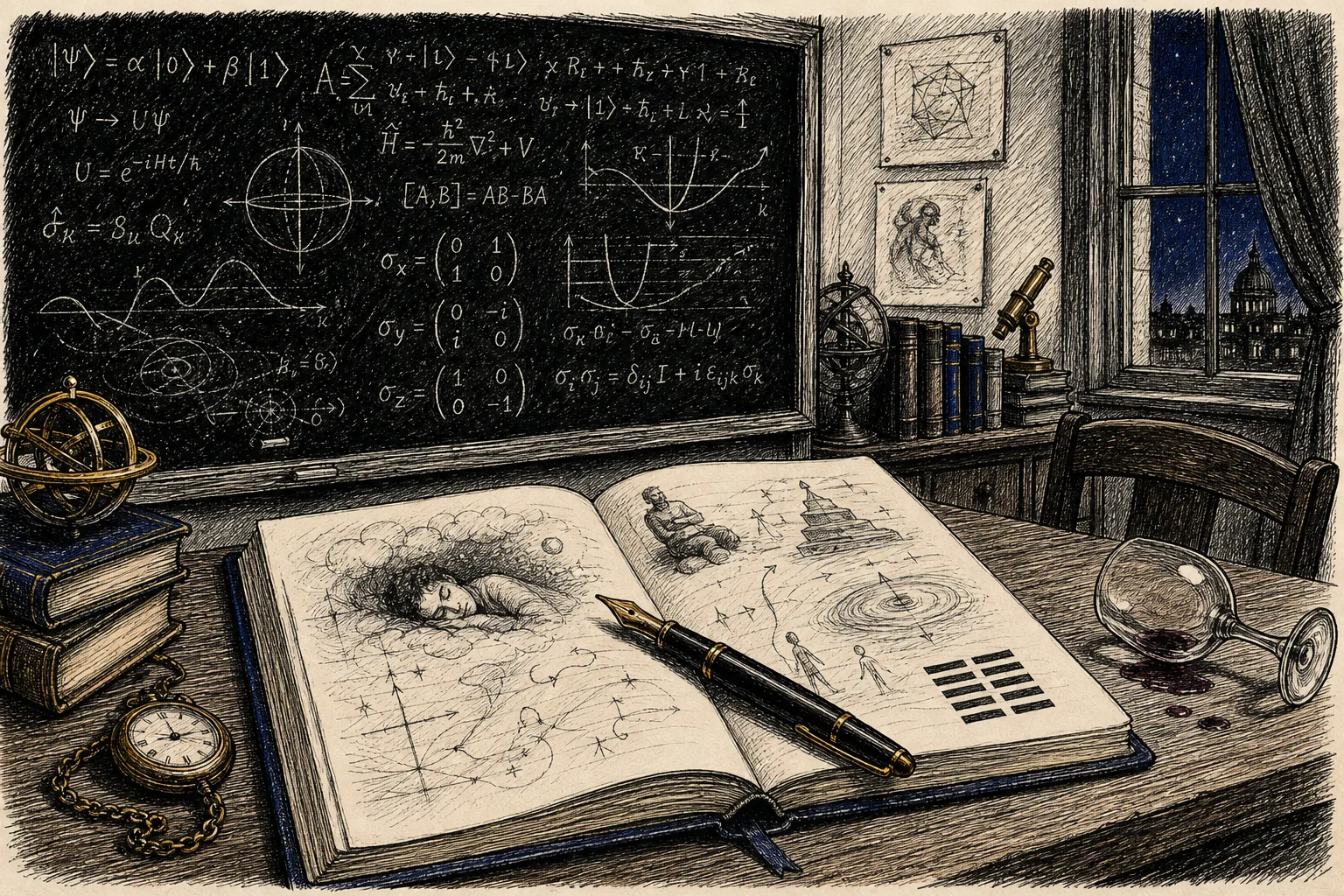 量子物理学の黒板、卦の素描があるノート、万年筆の手描きイラスト